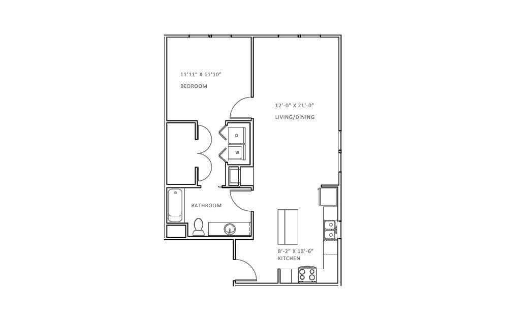 Bridgewater - 1 bedroom floorplan layout with 1 bath and 824 square feet (1st floor 2D)