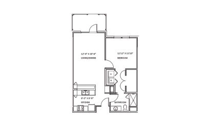 Creekwood A - 1 bedroom floorplan layout with 1 bath and 713 square feet